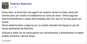 A través de su página de Facebook, Federico Waksman envió un mensaje de supervivencia a familiares y amigos. (Crédito: Facebook)