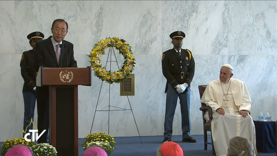 Pope Francisco Ban Ki-mooon bienvenida papa ONU