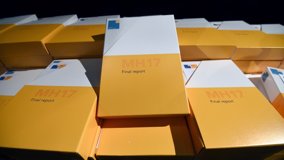 Packages containing the final report on the cause of the Malaysia Airlines flight MH17 crash are displayed for collection by journalists at the Gilze Rijen airbase, The Netherlands, on October 13, 2015. Air crash investigators have concluded that Malaysia Airlines flight MH17 was shot down by a missile fired from rebel-held eastern Ukraine, sources close to the inquiry said today, triggering a swift Russian denial. The findings are likely to exacerbate the tensions between Russia and the West, as ties have strained over the Ukraine conflict and Moscow's entry into the Syrian war. AFP PHOTO / EMMANUEL DUNAND (Photo credit should read EMMANUEL DUNAND/AFP/Getty Images)