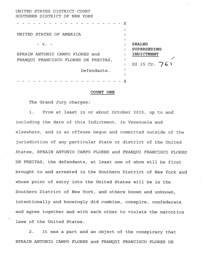 Corte de Manhattan documento de acusación a familiares de Nicolás Maduro