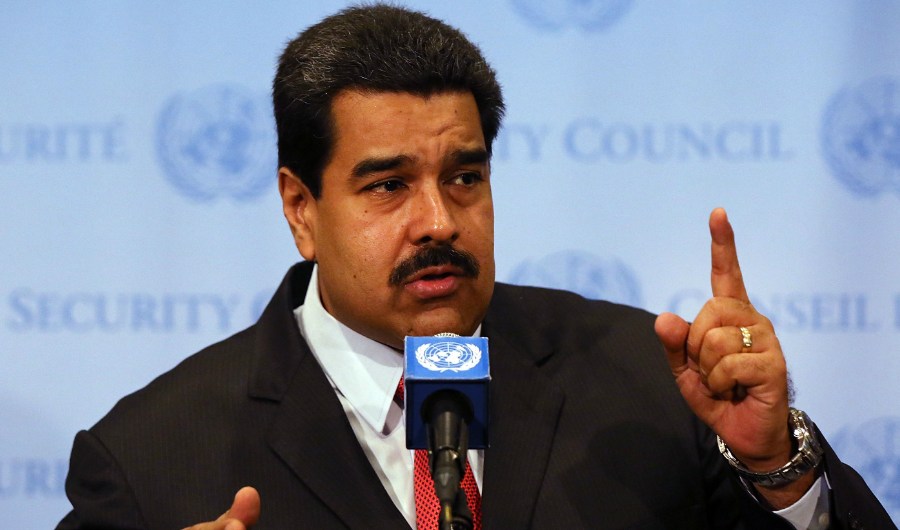 Caption:NEW YORK, NY - JULY 28: Venezuelan President Nicolas Maduro speaks to the media following a meeting with UN chief Ban Ki-moon at the United Nations (UN) headquarters in New York on July 28, 2015 in New York City. Maduro is in New York to speak with the UN about his country's escalating border dispute with Guyana. (Photo by Spencer Platt/Getty Images)