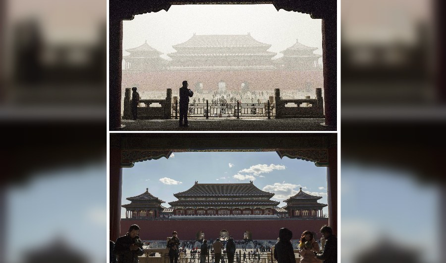 In this composite of two separate images, the Forbidden City is seen in heavy pollution, top, on December 1 and 24 hours later under a clear sky on December 2, 2015 in Beijing, China. Until a strong north wind arrived late Tuesday, China's capital and many cities in the northern part of the country recorded the worst smog of the year on November 30 and December 1, 2015 with air quality devices in some areas unable to read such high levels of pollutants. Levels of PM 2.5, considered the most hazardous, crossed 600 units in Beijing, nearly 25 times the acceptable standard set by the World Health Organization. The governments of more than 190 countries are meeting in Paris this week to set targets on reducing carbon emissions in an attempt to forge a new global agreement on climate change.(Photo by Kevin Frayer/Getty Images)