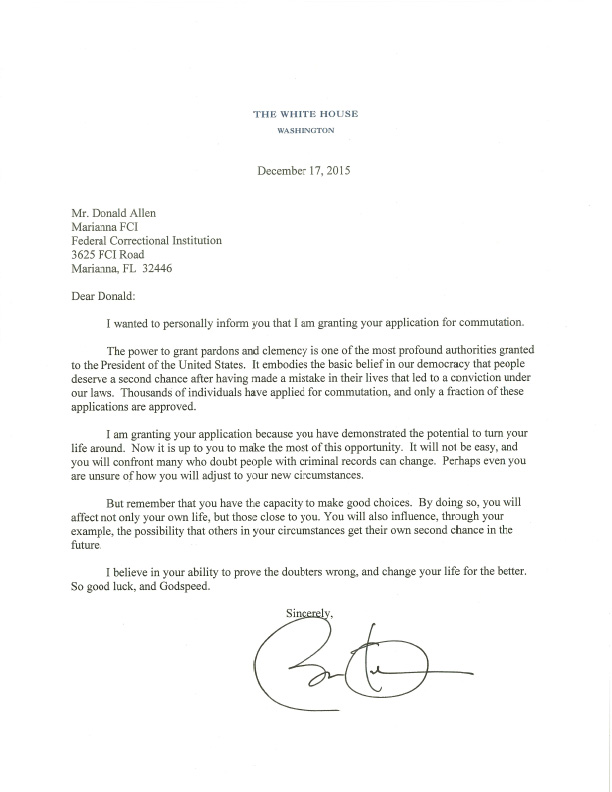 Carta de Obama a uno de los indultados en diciembre de 2015. (Crédito: Casa Blanca)