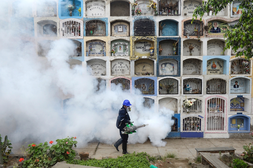 Un hombre fumiga parte del cementerio de la Nueva Esperanza , en la zona metropolitana de Lima, como medida de prevención contra enfermedades como Chikunguya y Zika, que afectan varios países de América Latina. En otras regiones del mundo, ya se reportan casos de la enfermedad del Zika. (Crédito: ERNESTO BENAVIDES/AFP/Getty Images).