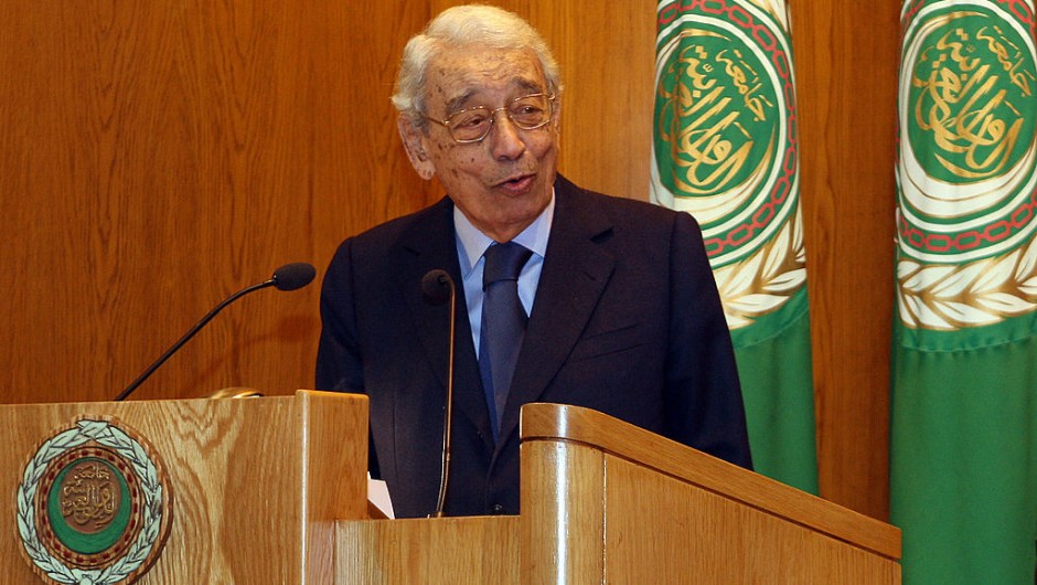 Former United Nations secretary general Boutros Boutros Ghali delivers a speech on the first day of the Arab-African Dialogue on Democracy and Human Rights at the Arab League headquarters in Cairo on December 7, 2009. AFP PHOTO/CRIS BOURONCLE (Photo credit should read CRIS BOURONCLE/AFP/Getty Images)