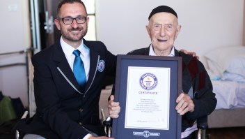 NEW WORLD'S OLDEST MAN ANNOUNCED BY GUINNESS WORLD RECORDS Marco Frigatti, Head of Records for Guinness World Records, presents Israel Kristal his certificate of achievement for Oldest living man on 11th March 2016, Haifa, Israel. Picture credit: Dvir Rosen/Guinness World Records