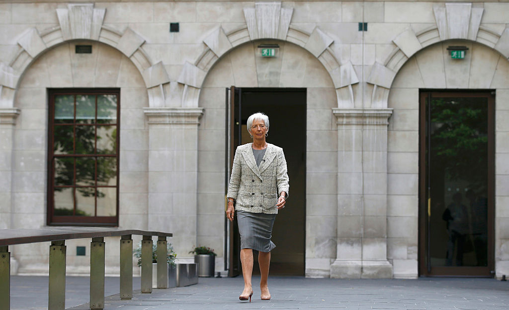 International Monetary Fund (IMF) Managing Director Christine Lagarde arrives at the Treasury Office in central London on May 13, 2016, ahead of a press conference with British Chancellor of the Exchequer George Osborne. The International Monetary Fund warned Friday that Britain's potential exit from the European Union would weigh on economic activity and spark markets volatility. Lagarde, unveiling the global lender's latest health check on the British economy just six weeks before Britain votes on whether to remain in the EU, added that Brexit could push the country into recession, echoing comments from Bank of England (BoE) chief Mark Carney. / AFP / POOL / PETER NICHOLLS (Photo credit should read PETER NICHOLLS/AFP/Getty Images)