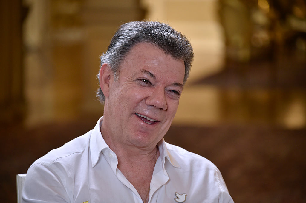 Colombia's President Juan Manuel Santos smiles during an interview with AFP at Casa de Narino presidential palace in Bogota, Colombia, on September 5, 2016. / AFP / GUILLERMO LEGARIA (Photo credit should read GUILLERMO LEGARIA/AFP/Getty Images)