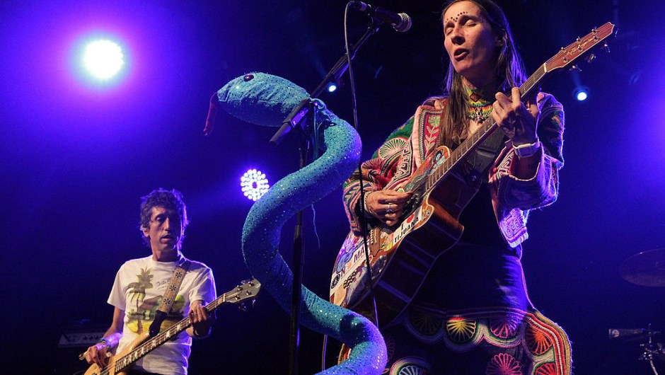 INDIO, CA - APRIL 17: Musicians Hector Buitrago (L) and Andrea Echeverri of the band Aterciopelados performs during day two of the Coachella Valley Music & Arts Festival 2010 held at the Empire Polo Club on April 17, 2010 in Indio, California. (Photo by Noel Vasquez/Getty Images)