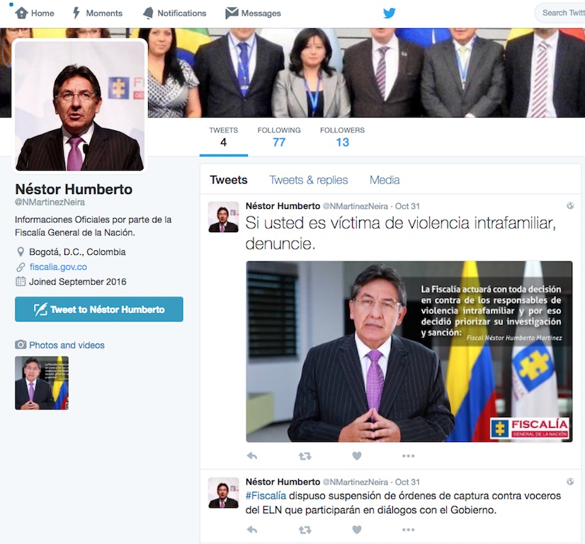 Así lucía la página de inicio de la cuenta apócrifa del fiscal Néstor Humberto Martínez. (Crédito: Twiter)