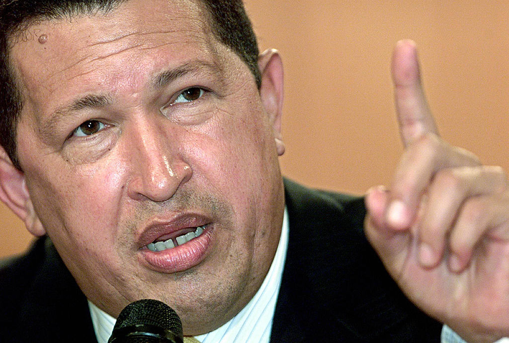CARACAS, VENEZUELA: (FILES) Picture of Venezuelan President Hugo Chavez taken in Caracas, 13 February 2004. Mexican authorities accused Venezuela 15 November 2005 of becoming a major new transit point for illegal heroin trafficking, heightening a war of words after the withdrawal of their ambassadors. Venezuela angrily rejected Mexico's demand that it apologize for statements by Chavez, who has called the Mexican president "a lapdog" of the United States. The row started after Fox criticized Chavez's stance at last week's Summit of the Americas in Argentina. AFP PHOTO/Andrew ALVAREZ (Photo credit should read ANDREW ALVAREZ/AFP/Getty Images)