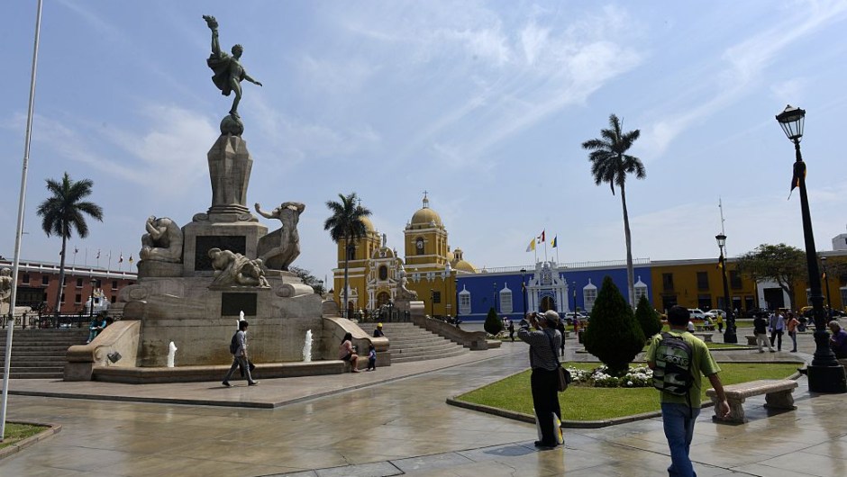 The Plaza de Armas main square of the northern city of Trujillo, 500 km north of Lima, on September 23, 2014. Trujillo, the third largest city of Peru with a population around 800, 000, was founded in 1535 by Spanish conqueror Francisco Pizarro. The square is adorned by a monument to Liberty created by German sculptor Edmund Moeller between 1921 to 1929.AFP PHOTO/CRIS BOURONCLE (Photo credit should read CRIS BOURONCLE/AFP/Getty Images)
