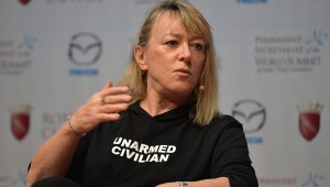 Nobel Peace Prize laureate, professor Jody Williams attends a debate "Living peace, stopping gender and sexual violence. Preventing inequality, oppression and abuse" on December 13, 2014 during the 14th World Summit of Nobel Peace Laureates in Rome. Each year since 1999, the Summit is attended by Nobel Peace Prize Laureates and prominent global figures, who are active in the social, scientific, political and cultural areas. AFP PHOTO / ANDREAS SOLARO (Photo credit should read ANDREAS SOLARO/AFP/Getty Images)