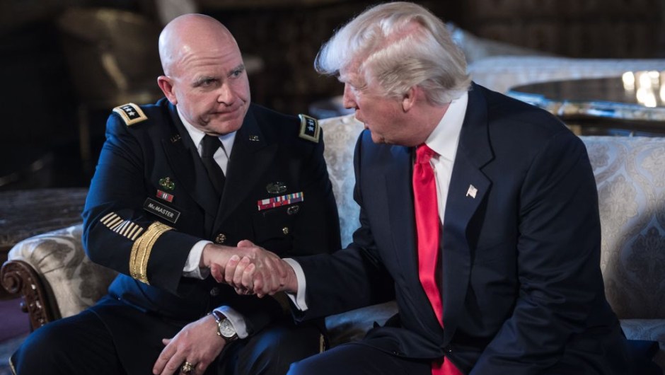 (L) as his national security adviser at his Mar-a-Lago resort in Palm Beach, Florida, on February 20, 2017. / AFP / NICHOLAS KAMM (Photo credit should read NICHOLAS KAMM/AFP/Getty Images)