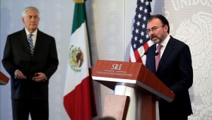 US Secretary of State Rex Tillerson (L) listens to Mexican Foreign Minister Luis Videgaray as they offer a joint press conference at the Foreign Ministry building in Mexico City on February 23, 2017. Mexico vowed not to let the United States impose migration reforms on it as its leaders prepared Thursday to host US officials Tillerson and Homeland Security chief John Kelly who are cracking down on illegal immigrants. / AFP / POOL / Carlos BARRIA (Photo credit should read CARLOS BARRIA/AFP/Getty Images)