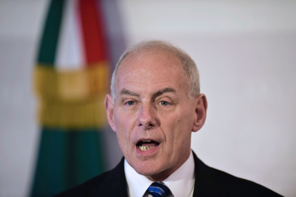 US Homeland Security chief John Kelly speaks during a joint press conference with Mexican Interior Minister Miguel Angel Osorio Chong (out of frame), at the Foreign Ministry building in Mexico City on February 23, 2017. Mexico vowed not to let the United States impose migration reforms on it as its leaders prepared Thursday to host US officials Kelly and US Secretary of State Rex Tillerson who are cracking down on illegal immigrants. / AFP / Ronaldo SCHEMIDT (Photo credit should read RONALDO SCHEMIDT/AFP/Getty Images)