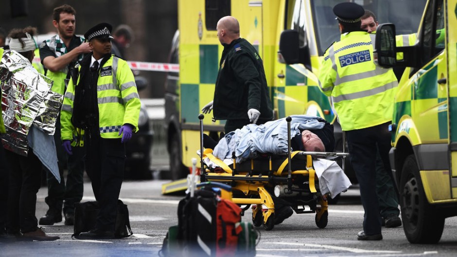 near Westminster Bridge and the Houses of Parliament on March 22, 2017 in London, England. A police officer has been stabbed near to the British Parliament and the alleged assailant shot by armed police. Scotland Yard report they have been called to an incident on Westminster Bridge where several people have been injured by a car.