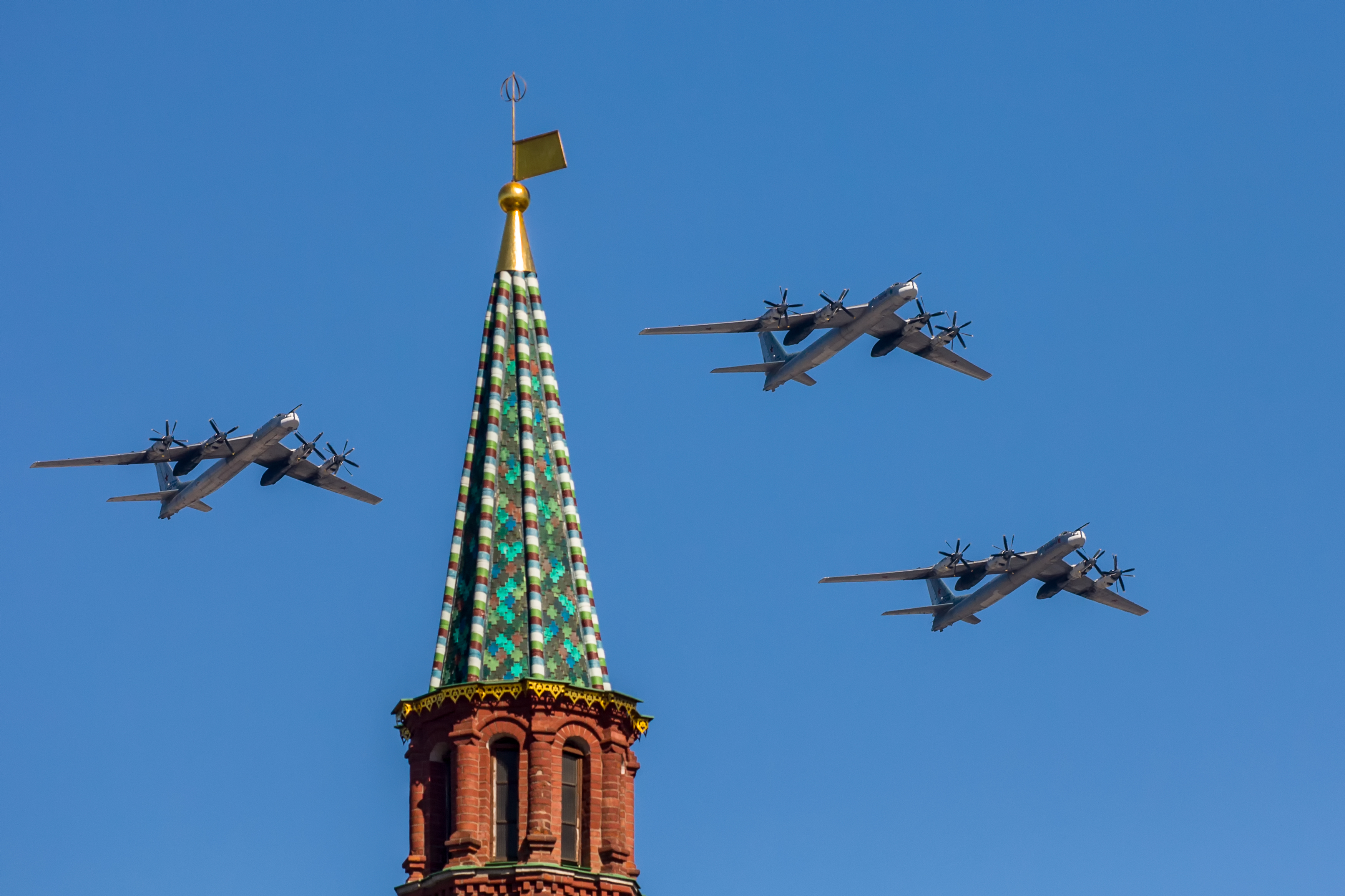 [UNVERIFIED CONTENT] Military Parade repetition,Red Square, Moscow, Russia. Tu-95 (NATO reporting name: Bear) is a large, four-engine turboprop-powered strategic bomber and missile platform