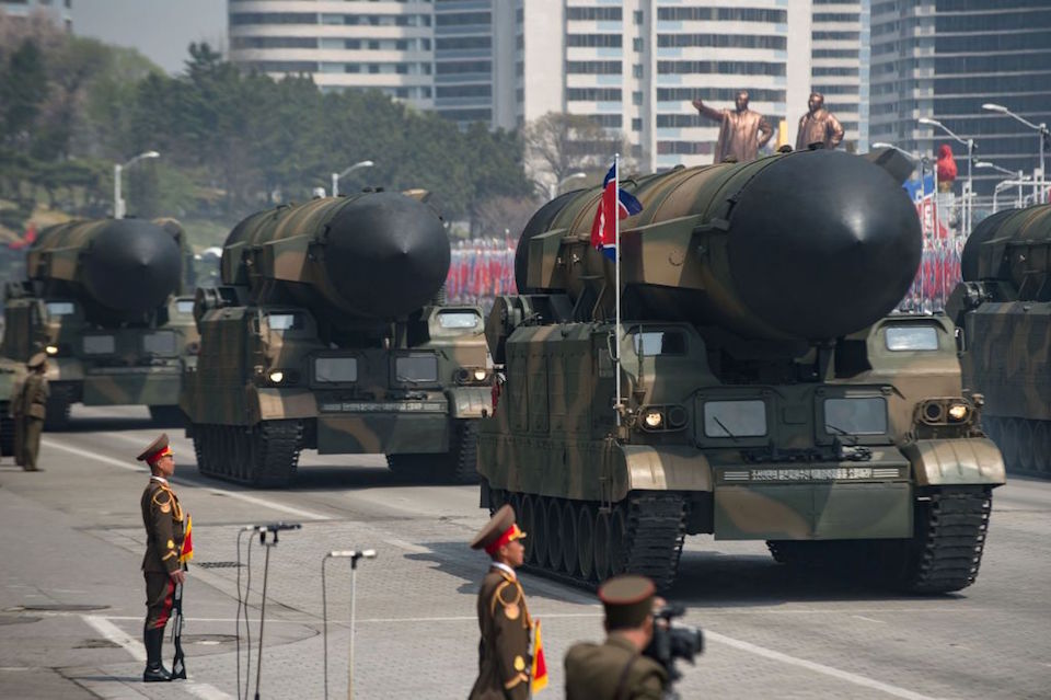 An unidentified rocket is displayed during a military parade marking the 105th anniversary of the birth of late North Korean leader Kim Il-Sung in Pyongyang on April 15, 2017.   North Korean leader Kim Jong-Un on April 15 saluted as ranks of goose-stepping soldiers followed by tanks and other military hardware paraded in Pyongyang for a show of strength with tensions mounting over his nuclear ambitions. / AFP PHOTO / Ed JONES        (Photo credit should read ED JONES/AFP/Getty Images)