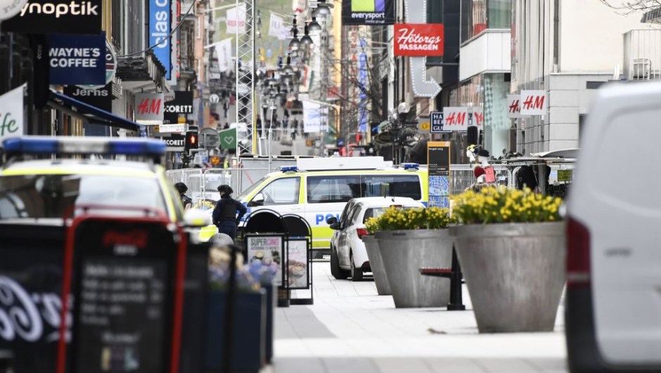 Emergency services work at the scene where a truck crashed into the Ahlens department store at Drottninggatan in central Stockholm, April 7, 2017. / AFP PHOTO / Jonathan NACKSTRAND (Photo credit should read JONATHAN NACKSTRAND/AFP/Getty Images)