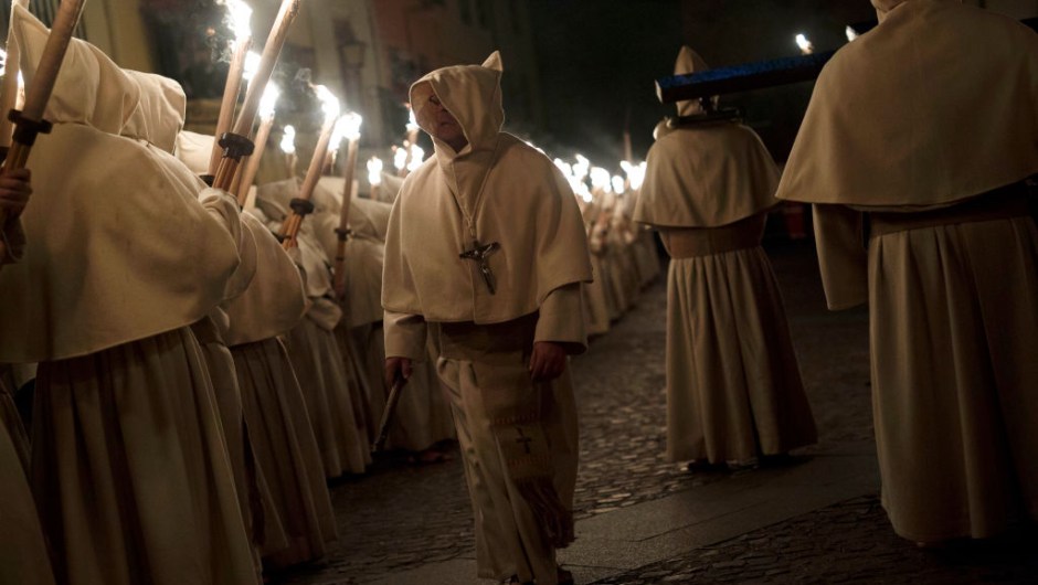 ZAMORA, SPAIN - APRIL 11: Penitents from the Cristo de la Buena Muerte (Good Dead Christ) brotherhood take part in a procession in the early hours of the morning on April 11, 2017 in Zamora, Spain. Spain celebrates holy week before Easter with processions in most Spanish towns and villages. (Photo by Pablo Blazquez Dominguez/Getty Images)