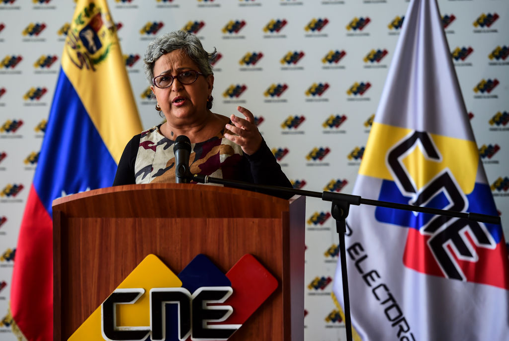 The head of Venezuela's National Electoral Council (CNE) Tibisay Lucena, speaks during a press conference in Caracas, on July 25, 2017. On Sunday things between the two sides are expected to come to a head. That's when Maduro is to hold a controversial election to choose 545 members for a body called the Constituent Assembly, tasked with rewriting the constitution drafted under his late predecessor Hugo Chavez. / AFP PHOTO / RONALDO SCHEMIDT (Photo credit should read RONALDO SCHEMIDT/AFP/Getty Images)