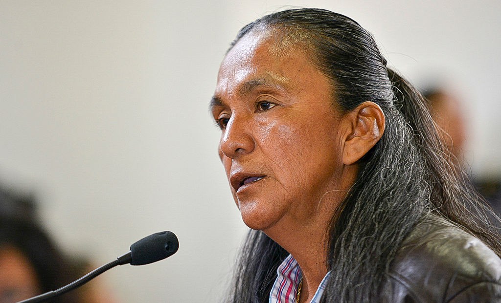 Argentine Milagro Sala, imprisoned leader of the Tupac Amaru neighborhood association, speaks during a court hearing in Jujuy on December 15, 2016. Sala, 52, is in jail since January 2016 for insurrection after having called for a protest against Jujuy's governor Gerardo Morales, an ally of Argentine President Mauricio Macri. / AFP / TELAM / EDGARDO A. VALERA (Photo credit should read EDGARDO A. VALERA/AFP/Getty Images)