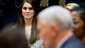 WASHINGTON, DC - MARCH 27: Hope Hicks, White House director of strategic communications, listens while meeting with women small business owners with U.S. President Donald Trump, not pictured, in the Roosevelt Room of the White House on March 27, 2017 in Washington, D.C. Investors on Monday further unwound trades initiated in November resting on the idea that the election of Trump and a Republican Congress meant smooth passage of an agenda that featured business-friendly tax cuts and regulatory changes. (Photo by Andrew Harrer-Pool/Getty Images)