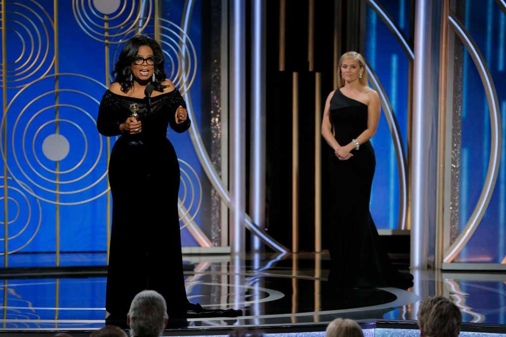 BEVERLY HILLS, CA - JANUARY 07: In this handout photo provided by NBCUniversal, Oprah Winfrey accepts the 2018 Cecil B. DeMille Award during the 75th Annual Golden Globe Awards at The Beverly Hilton Hotel on January 7, 2018 in Beverly Hills, California. (Photo by Paul Drinkwater/NBCUniversal via Getty Images)