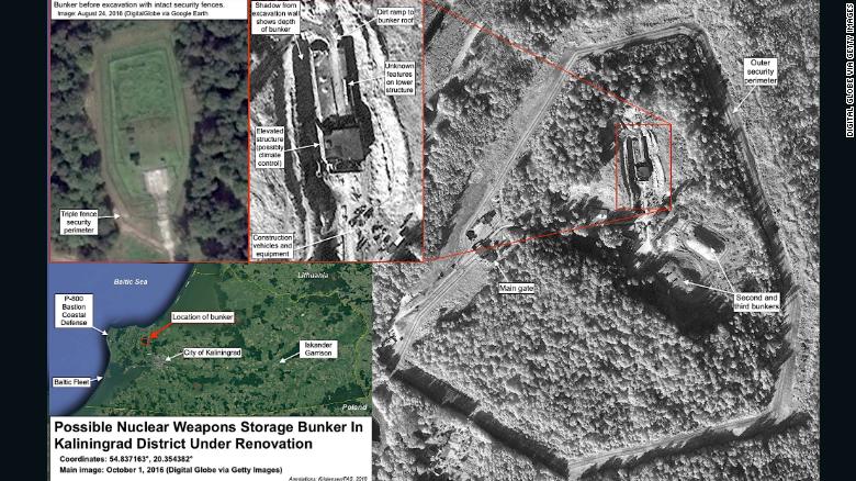 Una imagen de satélite de la Federación de Científicos Estadounidenses que aparentemente muestra un búnker de almacenamiento de armas nucleares enterrado en la región de Kaliningrado, que según el grupo ha estado en obras de renovación desde mediados de 2016.
