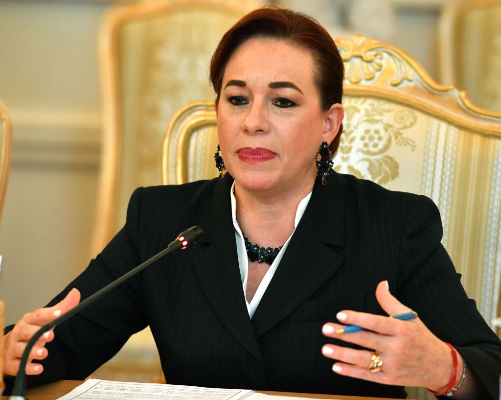 Ecuador's Foreign Minister Maria Fernanda Espinosa speaks with her Russian counterpart during their meeting in Moscow on May 16, 2018. (Photo by Yuri KADOBNOV / AFP) (Photo credit should read YURI KADOBNOV/AFP/Getty Images)
