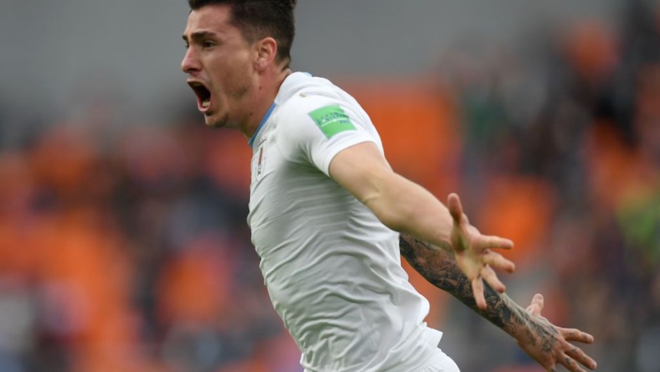 Uruguay's defender Jose Gimenez celebrates scoring the opening goal during the Russia 2018 World Cup Group A football match between Egypt and Uruguay at the Ekaterinburg Arena in Ekaterinburg on June 15, 2018. (Photo by JORGE GUERRERO / AFP) / RESTRICTED TO EDITORIAL USE - NO MOBILE PUSH ALERTS/DOWNLOADS (Photo credit should read JORGE GUERRERO/AFP/Getty Images)