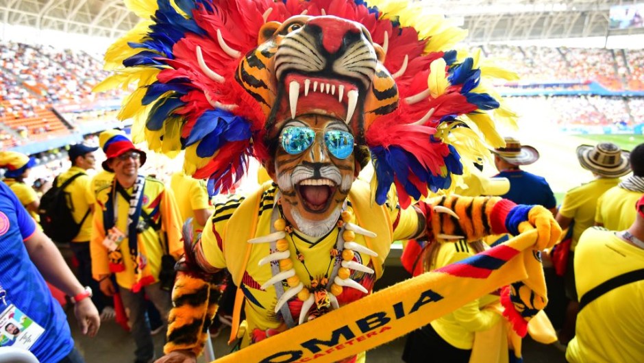 TOPSHOT - A Colombian fan sporting a tiger head poses before the Russia 2018 World Cup Group H football match between Colombia and Japan at the Mordovia Arena in Saransk on June 19, 2018. (Photo by Mladen ANTONOV / AFP) / RESTRICTED TO EDITORIAL USE - NO MOBILE PUSH ALERTS/DOWNLOADS (Photo credit should read MLADEN ANTONOV/AFP/Getty Images)