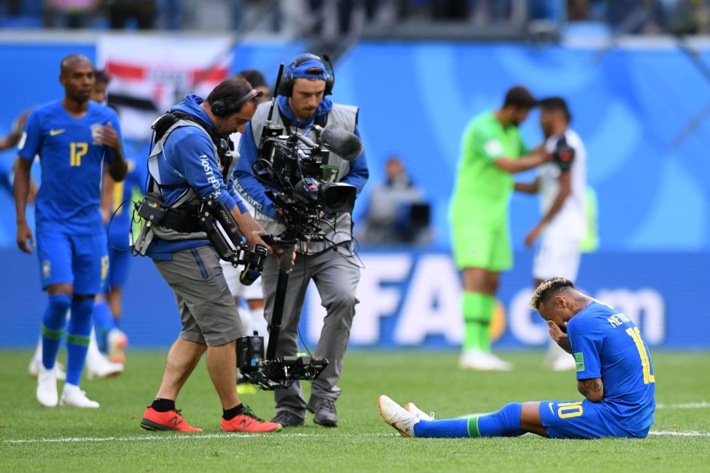 Brazil's forward Neymar (R) reacts to his team's victory during the Russia 2018 World Cup Group E football match between Brazil and Costa Rica at the Saint Petersburg Stadium in Saint Petersburg on June 22, 2018. (Photo by OLGA MALTSEVA / AFP) / RESTRICTED TO EDITORIAL USE - NO MOBILE PUSH ALERTS/DOWNLOADS (Photo credit should read OLGA MALTSEVA/AFP/Getty Images)