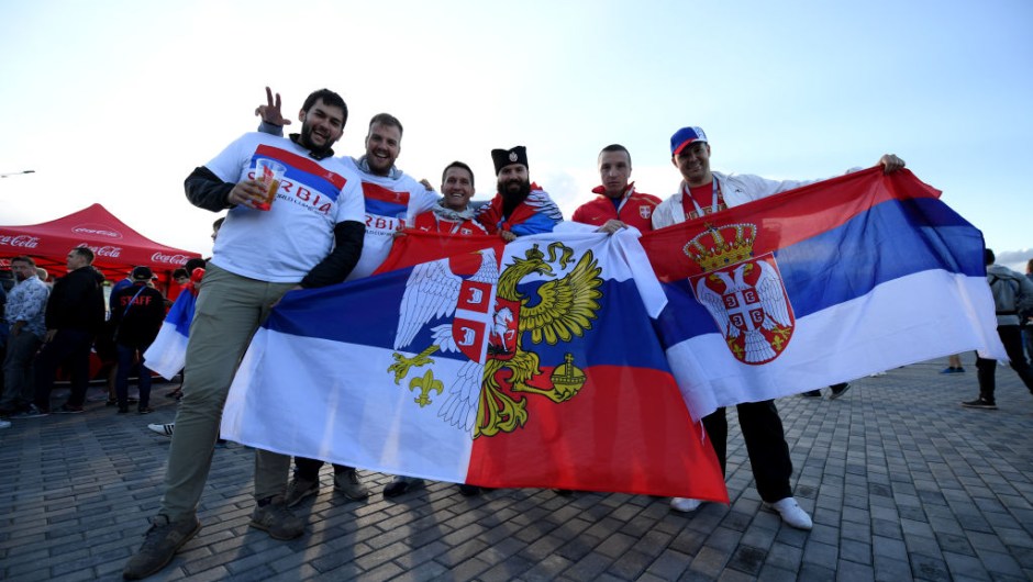 KALININGRAD, RUSSIA - JUNE 22: Serbia fans enjoy the pre match atmosphere prior to the 2018 FIFA World Cup Russia group E match between Serbia and Switzerland at Kaliningrad Stadium on June 22, 2018 in Kaliningrad, Russia. (Photo by Matthias Hangst/Getty Images)