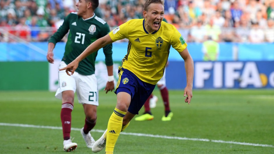 YEKATERINBURG, RUSSIA - JUNE 27: Ludwig Augustinsson of Sweden celebrates after scoring his team's first goal during the 2018 FIFA World Cup Russia group F match between Mexico and Sweden at Ekaterinburg Arena on June 27, 2018 in Yekaterinburg, Russia. (Photo by Matthias Hangst/Getty Images)