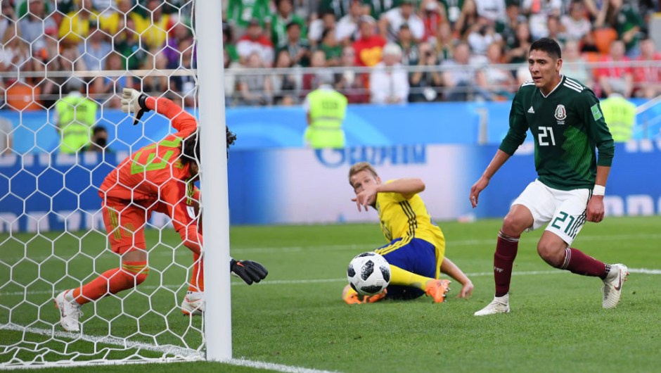 YEKATERINBURG, RUSSIA - JUNE 27: Edson Alvarez of Mexico scores an own goal to put Sweden 3-0 during the 2018 FIFA World Cup Russia group F match between Mexico and Sweden at Ekaterinburg Arena on June 27, 2018 in Yekaterinburg, Russia. (Photo by Matthias Hangst/Getty Images)