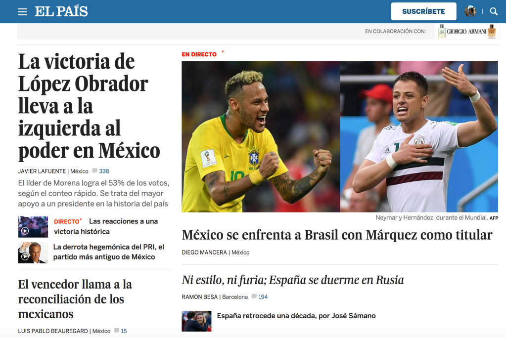 Portada digital del diario El País en España con la victoria de AMLO en las presidenciales de México.