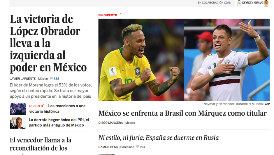 Portada digital del diario El País en España con la victoria de AMLO en las presidenciales de México.