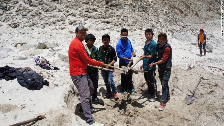 Investigadores del Proyecto de Biogás del Monte Everest prueban el suelo en Gorak Shep.