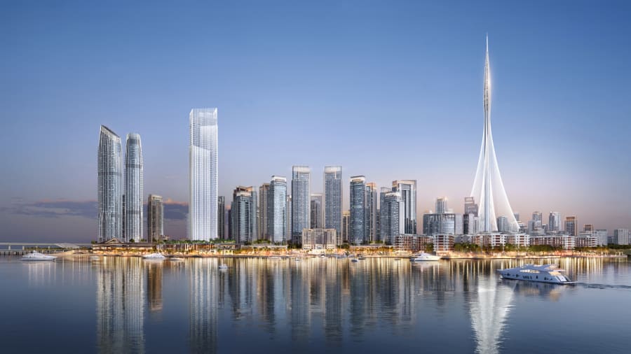 La torre de 62 pisos The Grand es parte de los planes residenciales de Dubai Creek Harbour. El megaproyecto de Dubai Creek albergará a unas 200.000 personas, dice el desarrollador Emaar.