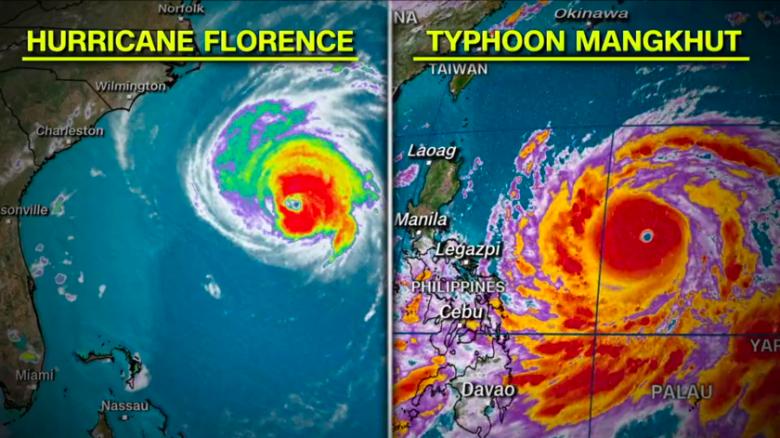 Las imágenes satálite del miércoles muestran los tamaños comparativos de Florence y Mangkhut.