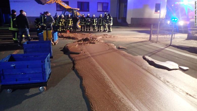 Spilt chocolate is seen on a road in Werl, Germany December 10, 2018 in this picture obtained from social media. Picture taken December 10, 2018. FEUERWEHR WERL/via REUTERS THIS IMAGE HAS BEEN SUPPLIED BY A THIRD PARTY. MANDATORY CREDIT. NO RESALES. NO ARCHIVES.