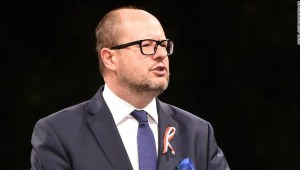 epa07282543 (FILE) - Mayor of Gdansk Pawel Adamowicz speaks during the ceremony marking 78th anniversary of World War II outbreak in Westerplatte, in Gdansk, Poland, 01 September 2017 (reissued 14 January 2019). Adamowicz was attacked with a sharp instrument by an unknown assailant, during the concert associated with the 27th finale of the Great Orchestra of Christmas Charity in Gdansk on 13 January 2019. Adamowicz was reported to be in a serious condition. EPA-EFE/ROMAN JOCHER POLAND OUT