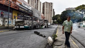 A man walks his dog past a burned bus, that was set up on fire in Caracas on the eve of a march called by Venezuelan opposition on the anniversary of 1958 uprising that overthrew military dictatorship, on January 23, 2019. - At least four people have died following overnight clashes ahead of Wednesday's rival protests in Venezuela by supporters and opponents of President Nicolas Maduro, two days after a failed mutiny by soldiers hoping to spark a movement that would overthrow Maduro, police and non-governmental organizations said. (Photo by Luis ROBAYO / AFP) / The erroneous mention[s] appearing in the metadata of this photo by Luis ROBAYO has been modified in AFP systems in the following manner: [2019] instead of [2018. Please immediately remove the erroneous mention[s] from all your online services and delete it (them) from your servers. If you have been authorized by AFP to distribute it (them) to third parties, please ensure that the same actions are carried out by them. Failure to promptly comply with these instructions will entail liability on your part for any continued or post notification usage. Therefore we thank you very much for all your attention and prompt action. We are sorry for the inconvenience this notification may cause and remain at your disposal for any further information you may require. (Photo credit should read LUIS ROBAYO/AFP/Getty Images)