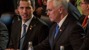 US Vice President Mike Pence (R) and Venezuelan opposition leader and self-declared acting president Juan Guaido, take part in a meeting with Foreign Ministers of the Lima Group at Colombia's Foreign Affairs Ministry in Bogota, on February 25, 2019. - US Vice President Mike Pence passed on a message from Donald Trump to Venezuela's opposition leader Juan Guaido on Monday, telling him "we are with you 100 percent." Pence and Guaido met in Colombia's capital during a meeting of regional allies to discuss their next move in response to the crisis in Venezuela. (Photo by Diana Sanchez / AFP) (Photo credit should read DIANA SANCHEZ/AFP/Getty Images)