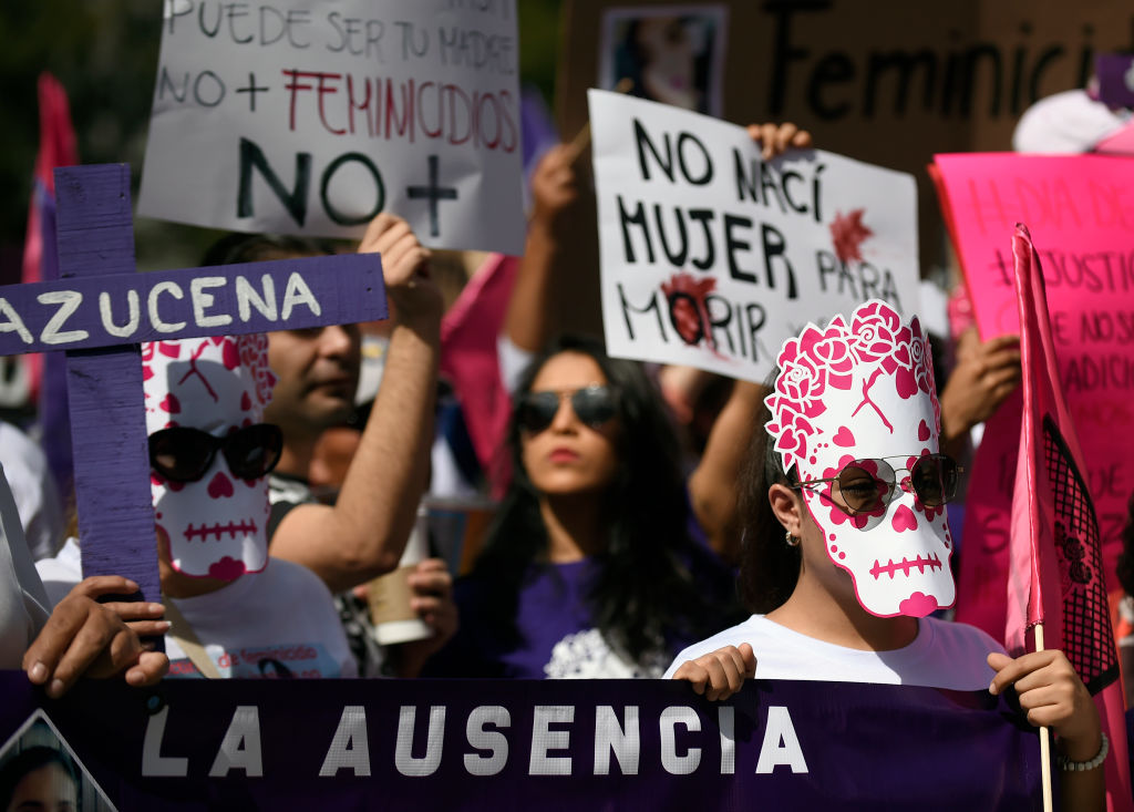Relatives of missing women and activists hold a demonstration against feminicides and violence against women at Reforma avenue in Mexico City on November 3, 2018. (Photo by ALFREDO ESTRELLA / AFP) (Photo credit should read ALFREDO ESTRELLA/AFP/Getty Images)