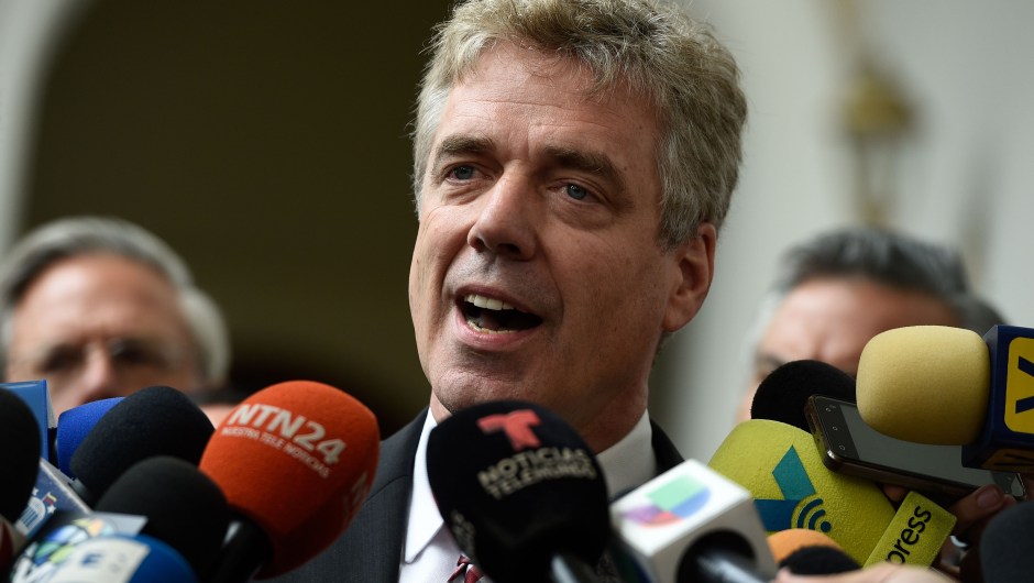 German ambassador to Venezuela Daniel Kriener speaks to journalists after attending a meeting with Venezuela's opposition leader and self-proclaimed acting president Juan Guaido, at the National Assembly in Caracas on February 19, 2019. - Guaido sent messages to military chiefs in border crossings Tuesday to request them to disavow Venezuelan President Nicolas Maduro's orders and let in humanitarian aid on Saturday. (Photo by Federico PARRA / AFP) (Photo credit should read FEDERICO PARRA/AFP/Getty Images)