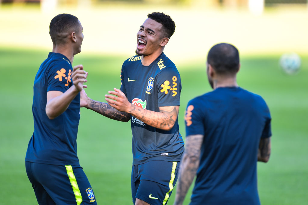VESPASIANO, BRAZIL - JULY 01: Gabriel Jesus of Brazil laughs during a training session at Cidade do Galo on July 1, 2019 in Vespasiano, Brazil. (Photo by Pedro Vilela/Getty Images)