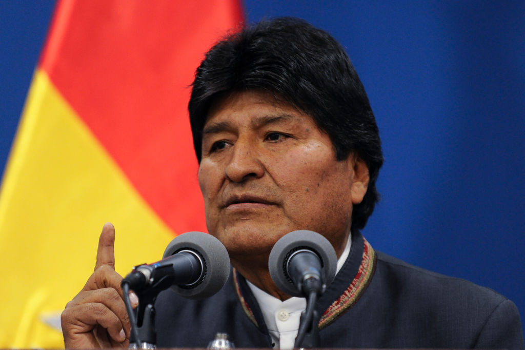 Bolivia's President Evo Morales delivers a press conference in La Paz on October 31, 2019. - A technical mission from the Organization of American States (OAS) began on Thursday its audit of the disputed Bolivian presidential election that delivered Evo Morales a fourth term but sparked deadly riots. (Photo by JORGE BERNAL / AFP) (Photo by JORGE BERNAL/AFP via Getty Images)
